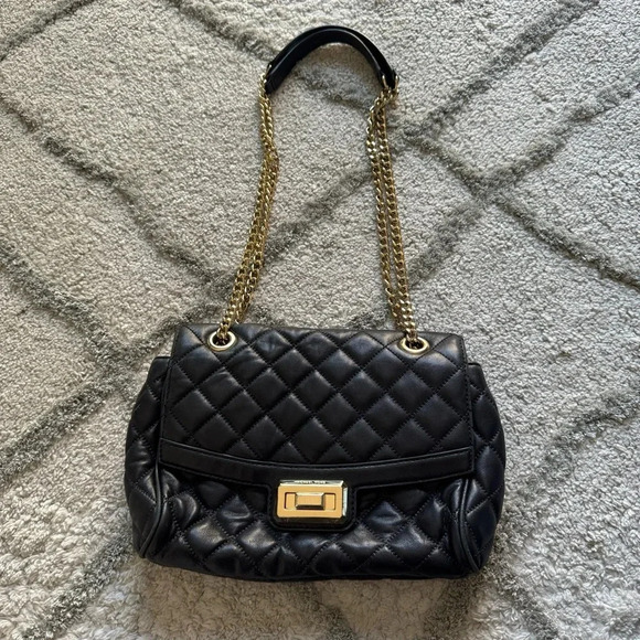 Michael Kors Hannah Quilted Black Soft Leather Gold Chain Shoulder Crossbody bag - Picture 1 of 11